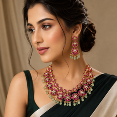 Beautiful Ruby Flower Necklace in Kundan - KN00464