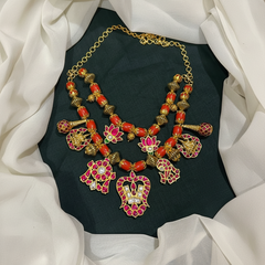 Coral Beautiful Antique Polish Neckpiece with Jadau Small Pendants - PB00566