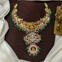 Jadau Gold polish Lakshmi Double step pendant set - KN00660