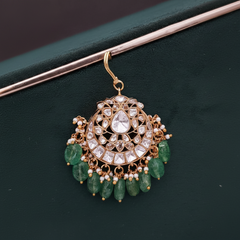 White Jadau Kundan Tika With Green Beads - HA00211