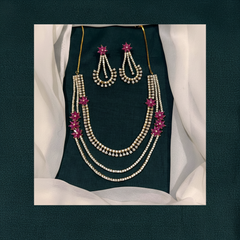 White And Red CZ Layer Haram With Earrings - NH00422