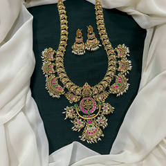 Jadau Broad Pattern Rice Pearl Gold Replica haram With Earrings - KH00390