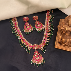 Beautiful Ruby Kundan Necklace With Emerald Beads - KN00558