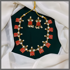 Beautiful Coral Lotus Necklace In Kundan - KN00446