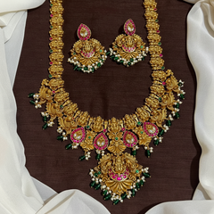Long Nakshi Lakshmi Haram with Jadau Stone and earrings - KH00104