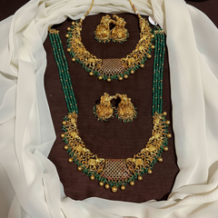 Gold Polish Bridals With Big Jhumkis amd Emerald Beads Haram - BR0038