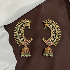 Jadau Emerald Beads Earcuff Jhumki - KE00601