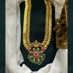 Grand And Elegant Long Kaasu Haram With Jadau Pendant - KH00369