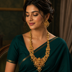 Antique Lakshmi and Peacock Haram With Emerald Stone In Nakshi - NH00236