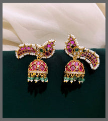 Ruby Peacock Jhumki with Pearl Earring in Nakshi - NE00334