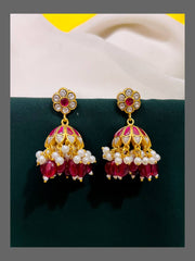 Ruby and white Flower Jhumki in Kundan - KE00375