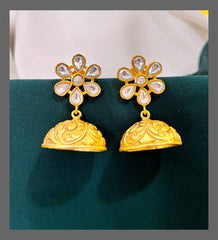 White Stone Flower Jhumki Earring in Kundan - KE00388