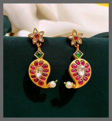 White Stone Flower with Mango Hugging Earring in Kundan - KE00405