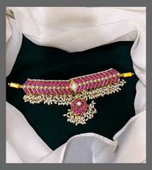 Ruby with Rice Pearl Pendent Choker in Kundan - KN00378
