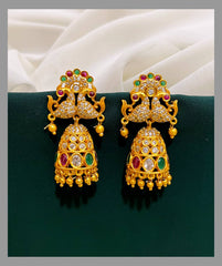 Double Peacock in Multi Color Jhumki in Nakshi - NE00225