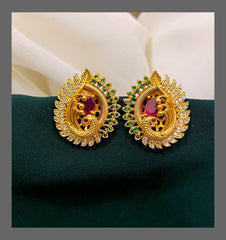 Beautiful White Stone and Green Stone Stud Earring in Nakshi - NE00254