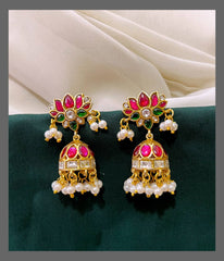 Rice Pearl Lotus Jhumki Earring in Kundan - KE00334