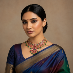 Double Layer Jadau necklace With Screw Back Earrings - Kn00652