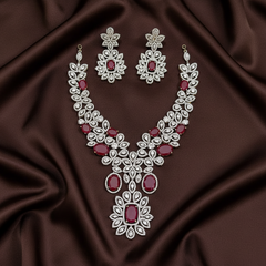 Flower Pattern Diamond Necklace Woth Earrings - DN0080