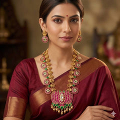 Jadau Bottu Haram With Lotus Pendant And Earrings - KH00431