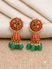 White pearl with Ruby Flower Jhumki Earring in Kundan - KE00496