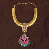 Jadau Long Pendant With Gold Finish Kasu Necklace - KN00650