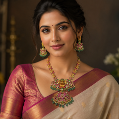 Jadau Lakshmi Side Chain Long Haram With Big Earrimgs - KH00416