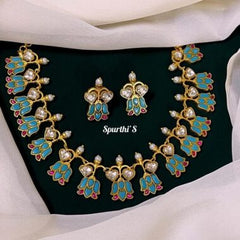 Sky Blue Flower Jadau Necklace with Earrings - KN00103