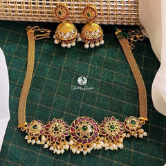 Red Flower Jadau Necklace with Earrings - NN00158