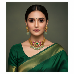 Ruby Flower Jadau Necklace with Earrings - KN0054