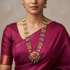 White And Green Beads With Jadau Pendant - PB00594