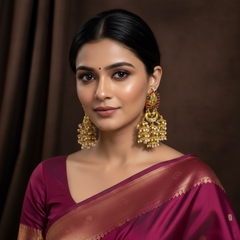 Jadau Stone Lakshmi 3 jhumki traditional earrings - KE002