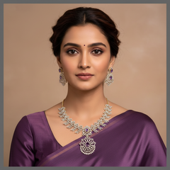 Beautiful Rich Leaf Design White Stone with Purple Stone Necklace in Diamond - DN0057