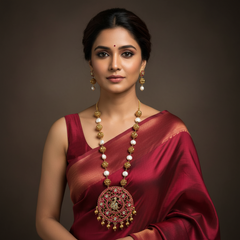 Jadau Ruby Big Pendant With Pearl And Nakshi Ball Chain With Earrings - PB00612
