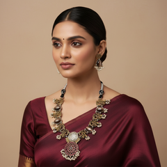 German Silver Nakshi necklace With Kempu Pendant and earrings - NN00989