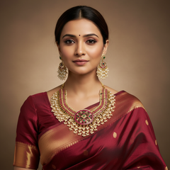 Jadau Replica Necklace In Pota Stones With Pearls And Earrings - KN00628