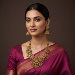 Dark Gheru Polish Lakshmi Necklace With Jadau Pendants and Packings - KN00678