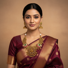 Dark Gheru Polish Lakshmi Necklace With Jadau Pendants and Packings - KN00678