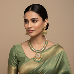 Jadau Pearl Necklace With Moo Pendant - KN00588