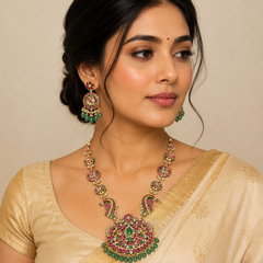 Jadau Grand Haram With Big Pendant and Screw Back Earrings - KH00417