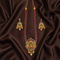Ruby Stone Gold Polish Long Haram With Earrings - NH00502