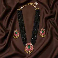 Designer Black Beads Set with Jadau Pendant And Screw Back Earrings - BD00170