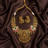 Dark Gheru Polish Lakshmi Necklace With Jadau Pendants and Packings - KN00678