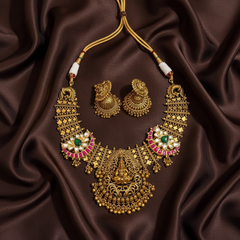 Dark Gheru Polish Lakshmi Necklace With Jadau Pendants and Packings - KN00678