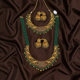 Gold Polish Bridals With Big Jhumkis amd Emerald Beads Haram - BR0038