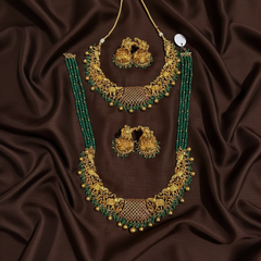Gold Polish Bridals With Big Jhumkis amd Emerald Beads Haram - BR0038