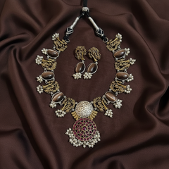 German Silver Nakshi necklace With Kempu Pendant and earrings - NN00989