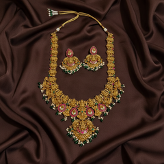 Long Nakshi Lakshmi Haram with Jadau Stone and earrings - KH00104