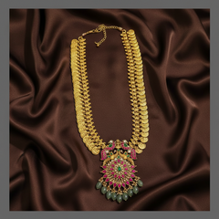 Kaasu mala with Ruby Peacock & Lakshmi pendent in Kundan - KH00161