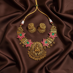 Dark Gheru Polish Lakshmi Necklace With Jadau Pendants and Packings - KN00678